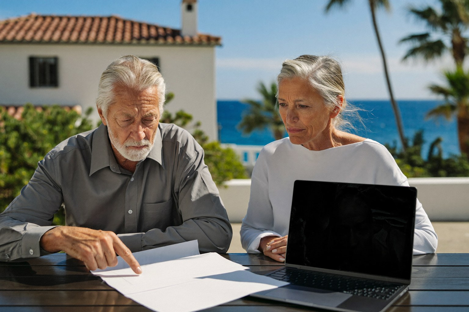 Older couple reviewing Spanish home-insurance documents on a sunny terrace overlooking the sea