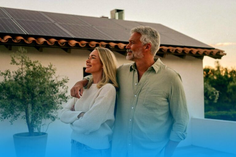 Eigentümerpaar vor seinem Haus in Spanien mit Photovoltaikanlage auf dem Dach