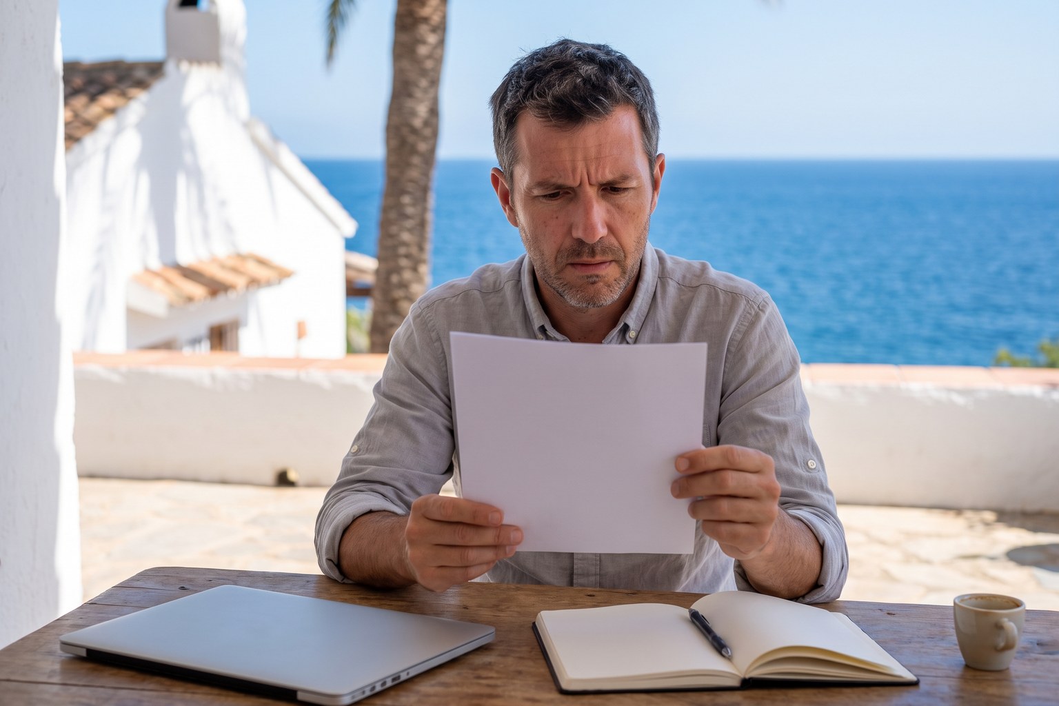 Freiberuflicher IT-Berater liest auf einer Terrasse am Mittelmeer einen Kundenvertrag vor der Unterschrift