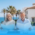 Ehepaar vergleicht auf der Terrasse zwei Angebote für die beste Krankenversicherung in Spanien