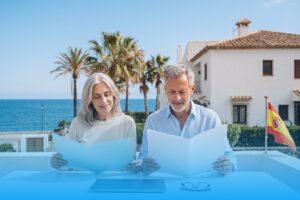 Couple on a terrace in Spain comparing two offers for the best health insurance for expats