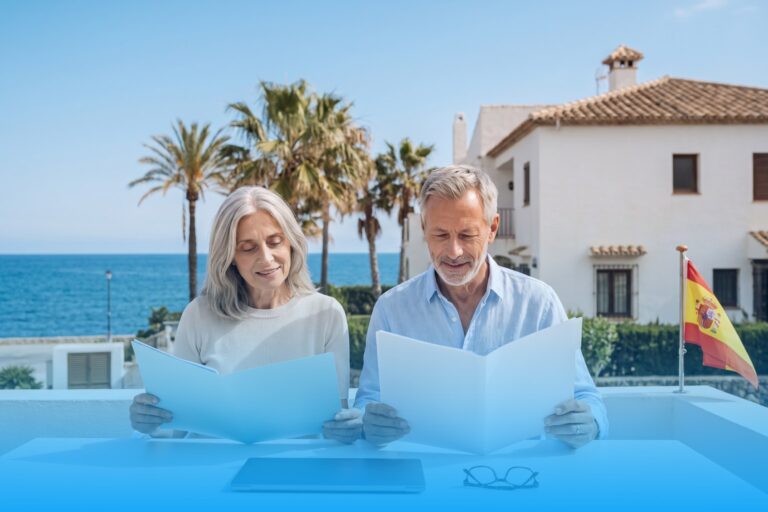 Couple on a terrace in Spain comparing two offers for the best health insurance for expats