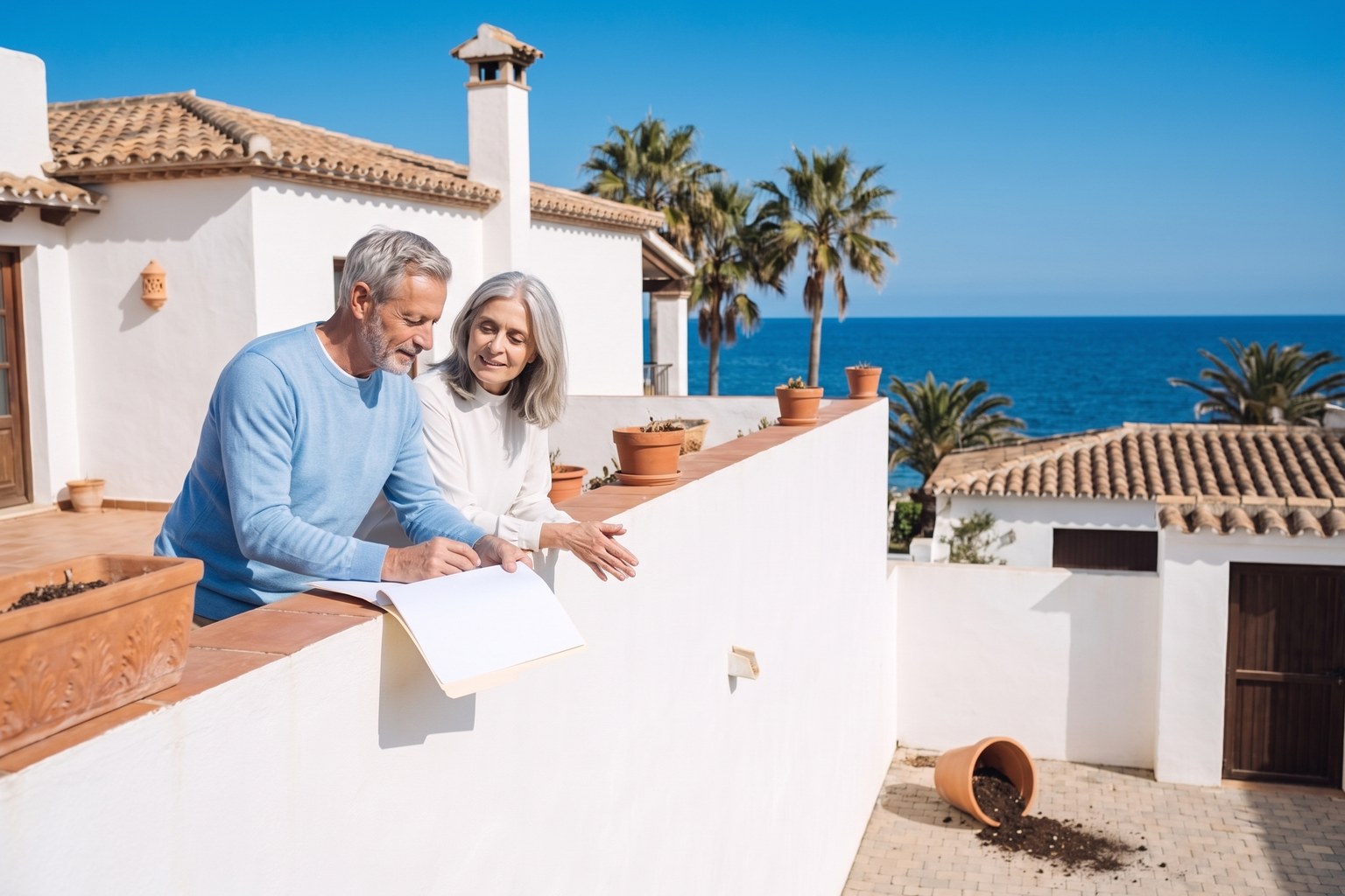 Older couple on their terrace in Spain holding a folder, while a flowerpot lies knocked over on the neighbour’s terrace below