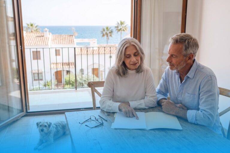 Older couple at a wooden table in their home in Spain going through their insurance policy, with their dog lying beside them